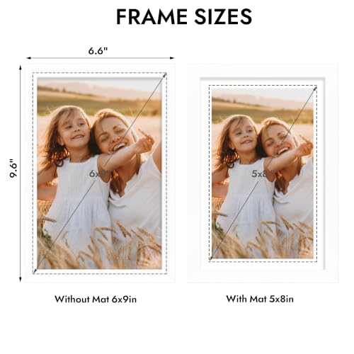 Hongkee 6x9 Picture Frame, 6 x 9 Solid Wood Frame with Real Glass, 5x8 Mat - color: White, size: 6 x 9