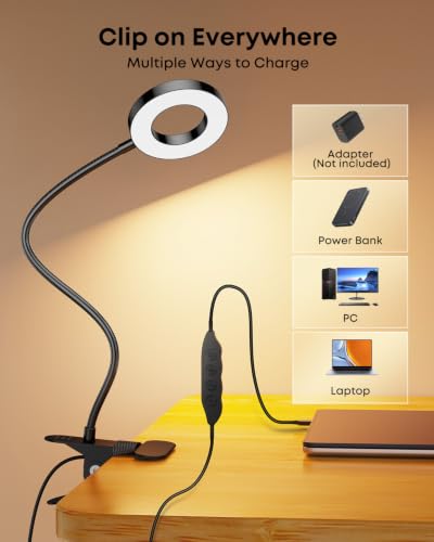 Clip‑On Book Light 5W Desk Lamp, USB Powered Reading Light for Bed - color: Black