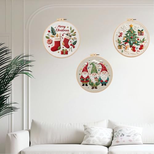 Offizon Christmas Embroidery Kit for Beginners, 3 PCS Starter Cross Stitches, Winter Santa Handicrafts, Merry Chistmas - color: Christmas Beige