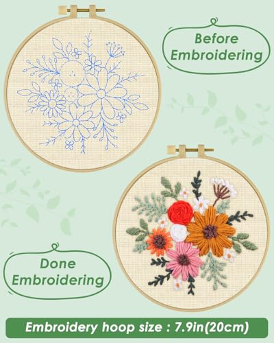 ERKOON Punch Needle Kit Beginners Adults, DIY Easy Flower Embroidery Set for Starter Art Craft, Needling Punching Project with Patterns, Tools, Yarns, Hoop, Instruction (Rainbow Flowers) - color: Rainbow Flowers