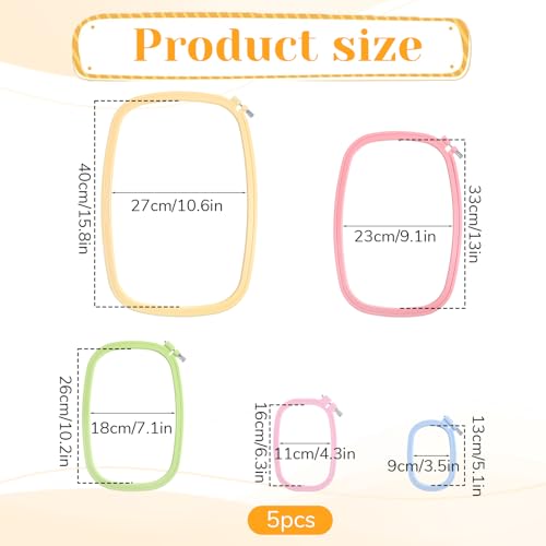 Yuanan 5 Sizes Rectangle Embroidery Hoop, 5"/6"/10"/13"/15" Plastic Square Embroiderys Hoop Plastic Embroidery Hoops Reusable Cross Stitch Hoops Embroiderys Supplies for Sewing, Needlework, DIY