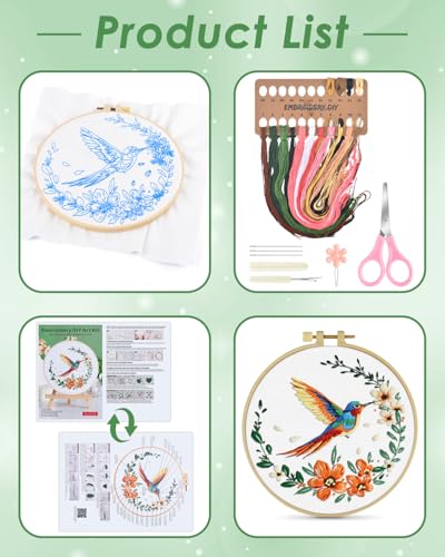 ERKOON Embroidery Kit for Beginners, Hummingbird and Flower Cross Stitch Set for Include Embroidery Cloth Hoops Threads for Craft Lover Hand Stitch (Colorful Hummingbird) - color: Colorful Hummingbird