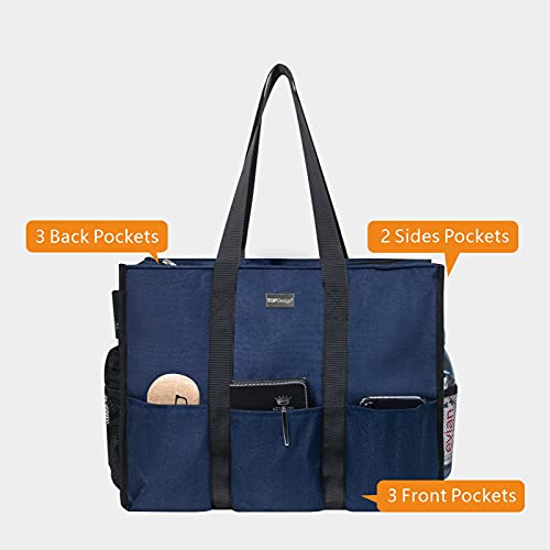 TOPDesign Utility Water Resistant Tote Bag with 13 Pockets, Zipper Closure - color: Blue, size: Medium