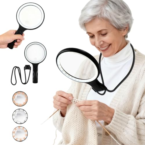Hands-Free Neck Wear Magnifying Glass with Light - 3 Lighting Modes, Detachable 2-in-1 Neck & Handheld Magnifier,5X Main Lens + 10X Auxiliary Lens for Close Work, Reading Books, Sewing, Seniors