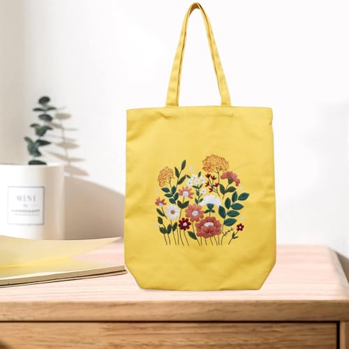 CREAWONDER Canvas Tote Bag Embroidery Kit with Pattern for Beginners, Arts and DIY Embroidery Crafts Kits for Adults, Include Instructions, Thimble, Embroidery Hoops, Color Threads and Tool - color: CR002 huaguangpianran yellow