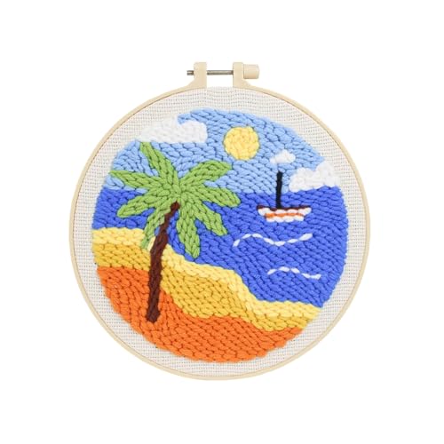 Palm Tree Beach Punch Needle Kit for Beginners - 8 Inch Tropical Ocean DIY Embroidery Starter Set with Pre-Printed Fabric, Wooden Hoop, Yarn & Tools - Wall Art Craft Gift for Adults Home Decor - color: BLUE-SEA