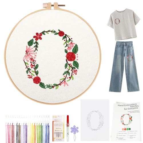 Topapfo Alphabet Letter O Stick and Stitch Embroidery Kit for Clothing, Beginners Name Embroidery Pattern Stabilizer Stencils Templates Needlepoint Clothes Tote Bags Shirts Crafts - color: O