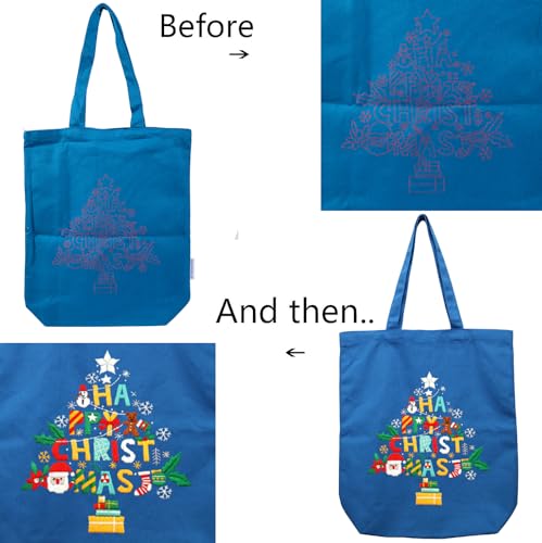 CREAWONDER Canvas Tote Bag Embroidery Kit with Pattern for Beginners, Arts and DIY Embroidery Crafts Kits for Adults, Include Instructions, Thimble, Embroidery Hoops, Color Threads and Tool - color: CR002 Christmas tree darkblue