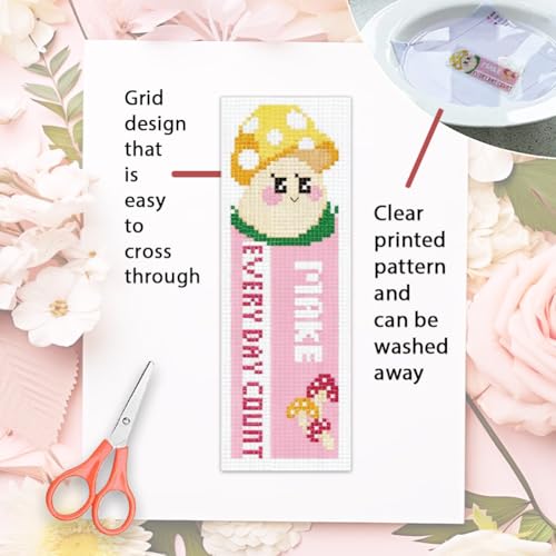 ORIGACH 6 Set Pink Mushroom Cross Stitch Bookmark Kit for Beginner - style: Mushroom