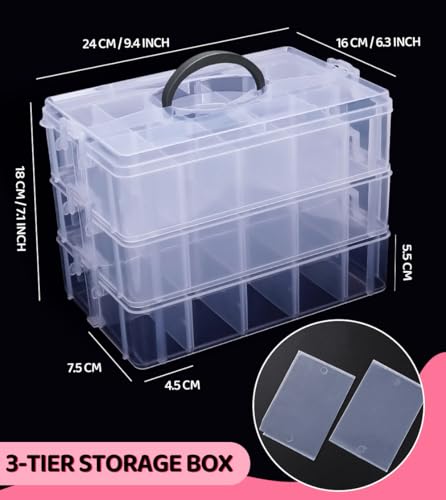 Praisebank 3-Layer Stackable Storage Container Box, 30 Dividers Compartments, Perfect for Storage Jewelry & Arts & Crafts & Sewing. (Blue) - color: Blue