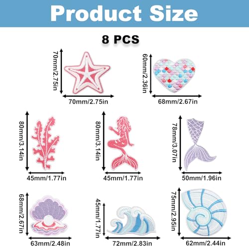 8PCS Mermaid Iron On Patches, Ocean Embroidery Appliques for Clothing - color: Mermaid Themed