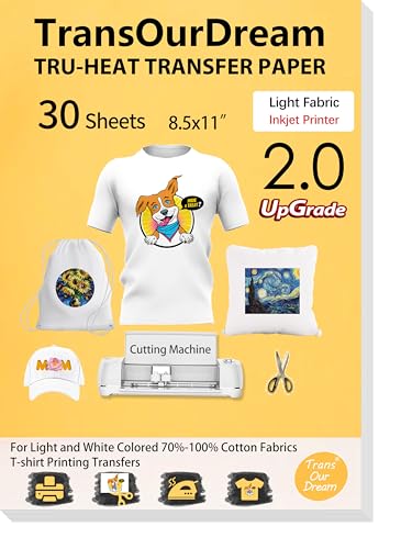 TransOurDream Upgraded Iron on Heat Transfer Paper for T Shirts (30 Sheets, 8.5x11") Iron on Transfers for Light Fabric Printable Heat Transfer Vinyl for Inkjet Printer (L2-30) - color: Light, size: 30 Sheets