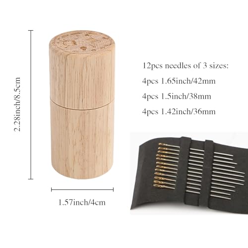 Yucenora Wooden Sewing Needle Case, Portable Sewing Needles Storage Box with Needle Cushion Inside, with 12 Needles for Home and Travel Needlework(Pink)