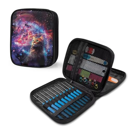 Kathyboom Galaxy Cat Crochet Hooks Case Large Capacity Empty Zipper Bags Portable Travel Crochet Storage Bag Organizer with Web Pocket and Crochet Holder Slots for Crochets Needles - color: Galaxy Cat