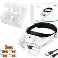 eSynic Type-C Rechargeable Magnifying Glasses Headset-Up to 14X Magnification with 5 Interchangeable Lense-3 LED Lights with 2 Adjustable Brightness Levels-Comfort & Fit Headband for Crafts/Reading