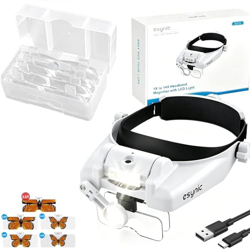 eSynic Type-C Rechargeable Magnifying Glasses Headset-Up to 14X Magnification with 5 Interchangeable Lense-3 LED Lights with 2 Adjustable Brightness Levels-Comfort & Fit Headband for Crafts/Reading