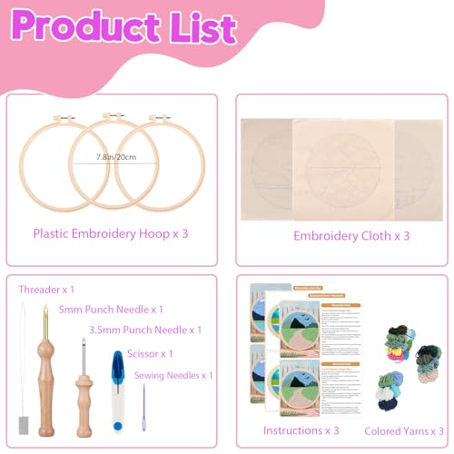 Cheloment 3 Sets Punch Needle Kits for Beginners,Includes Needles,Pattern Fabric,Yarns and Hoops, Needle Punch Kits for Adults&Kids,Easy to Learn,Stress Relief,Great for Home Decor - size: Snowy Mountain & River & Lane
