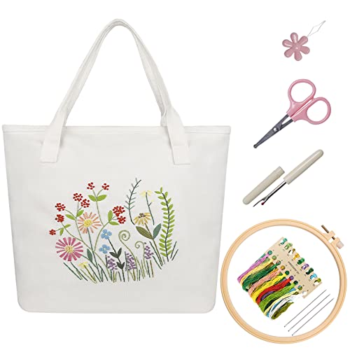 Embroidery Kit Canvas Tote Bag with Patterns for Beginners, Personalized Canvas Bag Kits, Bamboo Embroidery Hoop, English Instruction for DIY Crafts with Tools - color: Multi 1