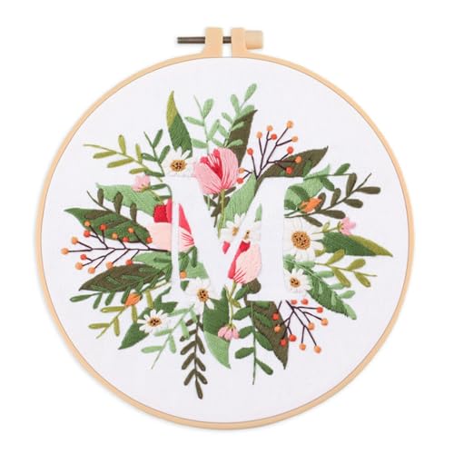 IUHUI Embroidery Kit for Beginners Adults - 26 Floral Letters Easy Patterns, DIY Hand Stitching Embroidery Set with Hoop (Flower and Grass Letter M) - color: Flower and Grass Letter M