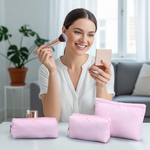 Sanwuta 3 Pcs Seersucker Pouch Cosmetic Bag Set,Light Pink - color: Light Pink