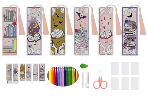 6PCS Cross Stitch Bookmark Kit for Adult Beginners Book Cross Stitch Kits with Backing Felt Floss Instruction DIY Stamped Embroidery Bookmark Kit for Starter Adults Book Lovers (2.3x7.8 inch) - color: SQY003
