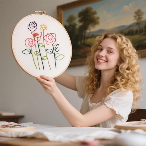 Easy Flower Embroidery Kits for Beginners Adults, Minimalism Embroidery Starter Kits, Counted Cross Stitch Kits for Beginners Adults Hobbies Set for Women, Embroidery Hoops, Thread and Video Tutorial - color: H2027