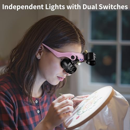 JARLINK Magnifying Glasses with LED Light, 14 Lenses, Hands Free, Pink - color: Pink