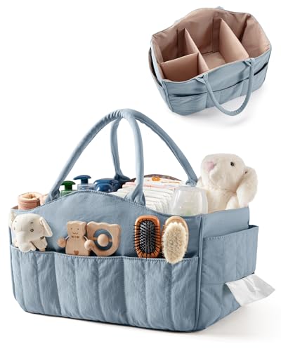 Marscamd Quilted Baby Diaper Caddy with Detachable Divider and Wipes Pocket - color: Dusty Blue