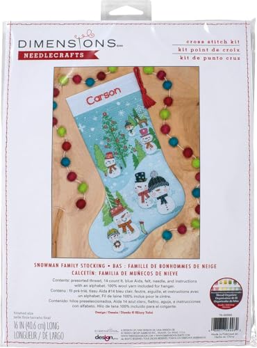 Dimensions 70-08996 Snowman Family DIY Personalizable Christmas Counted Cross Stitch Stocking Kit, 14 Count Light Blue Aida, 16" L