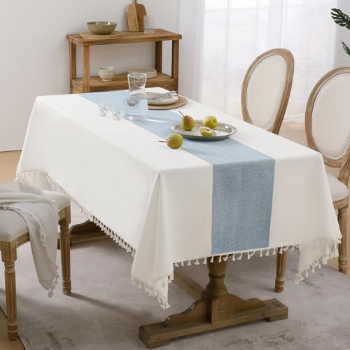 Softalker Outdoor Linen Rectangle Tablecloth with Tassel, 55 x 70 Inch - color: Blue Stripe, size: 55" x 70" (Rectangular)