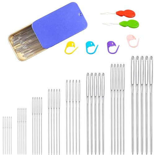 Eketirry 46 PCS Large-Eye Blunt Needles kit, 8 Sizes Stainless Steel Yarn Knitting Sewing Needles, Crafting Weaving Stringing Needles with Threaders and Stitch Markers(Blue) - color: Blue