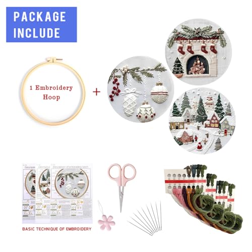 EOBTAIN 3 Pcs Christmas Embroidery Kit for Beginners,Winter Christmas Village Embroidery Starter Kit Green Xmas Tree Fireplace Stamped Patterns with Hoop,Thread,Needles,Hand DIY Craft Kits for Adults - color: White