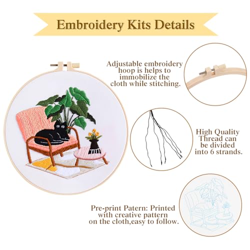 4 Sets Black Cat Embroidery Kit for Beginners with Tool Set Cat Pattern - color: Black Cat