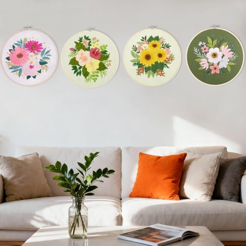Bonroy 4 Sets Embroidery Set for Beginners, Art Craft, Easy Sewing Embroidery Kit Includes Embroidered Clothes with Patterns, Embroidery Hoops, Instruction Manual, Color Stitch Set (3) - color: Sunflower