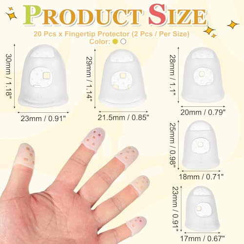 PATIKIL Rubber Finger Tips, 5 Sizes 20 Pcs Guitar Fingertip Protector Silicone Thimbles Knitting Accessories for Hand Sewing Paper Sorting Money Counting, Semi-Transparent/Yellow - color: Semi-transparent/Yellow