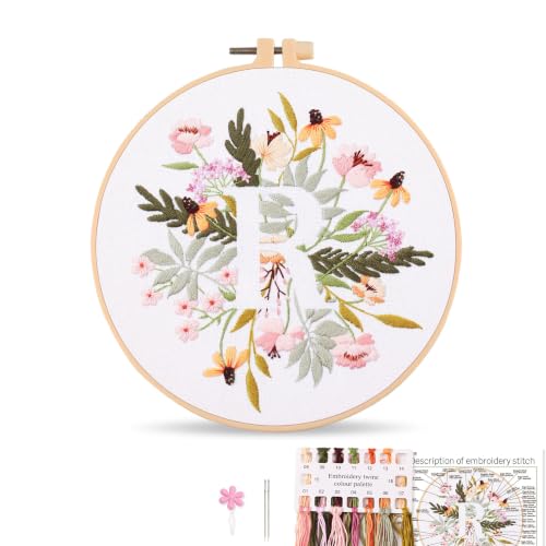 Harimau Letter R Pattern Embroidery Kit for Adult Beginners, Complete Starter Pack with 1 Hoop, Needles, Instruction Guide & Embroidery Stitch Video Tutorials - color: R