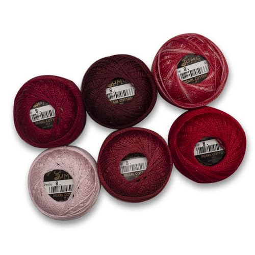6 Balls Premium Pearl Cotton Embroidery Thread Size 8 | 100% Egyptian Cotton Crochet Yarn | Cross Stitch Embroidery Yarn | Oeko TEX Certified | 10 Grams per Ball (Red Tones) - color: Red Tones