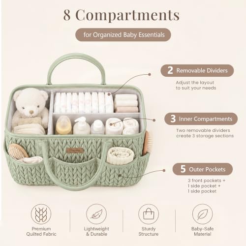 Konssy Baby Diaper Caddy Organizer, Braided Quilted Design with PU Handles - color: Fog Green