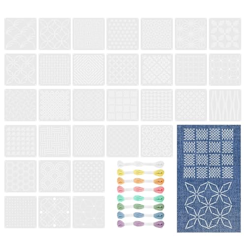 32 Pcs Sashiko Geometric Stencils Kit, 5.1"×5.1" Reusable Plastic