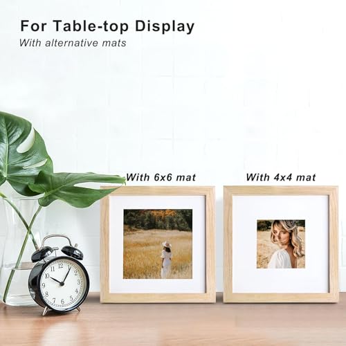 KINLINK 8x8 Picture Frame, Natural Square Solid Wood Frame for Pictures 4x4 and 6x6 with Mat or 8x8 without Mat, Wall and Tabletop Display Photo Frame Natural Wood Photo Frame 1 Pack - color: Natural, size: 8x8