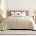 EverGrace 100% Cotton Cross Stitch 3-Piece Quilt Set, 118"x106", Flax Beige - color: Flax Beige, size: OVERSIZED CAL KING (118" x 106")