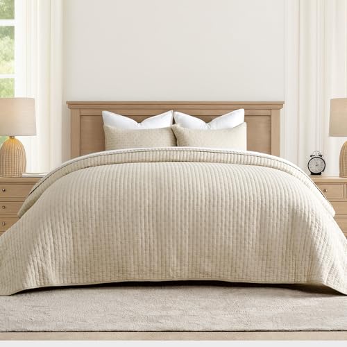 EverGrace 100% Cotton Cross Stitch 3-Piece Quilt Set, 118"x106", Flax Beige - color: Flax Beige, size: OVERSIZED CAL KING (118" x 106")