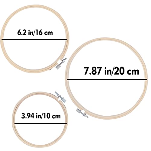 Grehge 3Pcs 3 Sizes Round Bamboo Embroidery Hoop Circle Cross Stitch Hoop Ring for Craft Sewing,with Gold Eye Embroidery Needles, Embroidery Hoop
