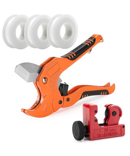 Bates- PVC Pipe Cutter, Cuts up to 1-1/4" Inch, Mini Tube Cutter 1/8" to 7/8", Ratchet Pipe Cutter, PEX Cutting Tool for Cutting PEX, PVC, PPR Plastic Hoses and Plumbing Pipes - color: Orange + Tube Cutter +Ptfe Seal Tapes