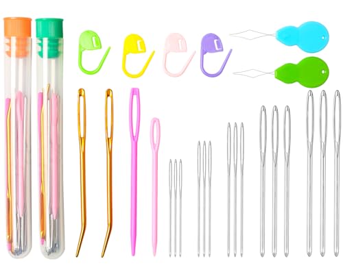 Hekisn 45Pcs Large Eye Blunt Yarn Needles kit, Assorted Sizes Bent Tapestry Darning Needle, Sewing Needles with Needle Threaders & Stitch Markers for Knitting Crochet (Orange&Green) - color: Orange&Green