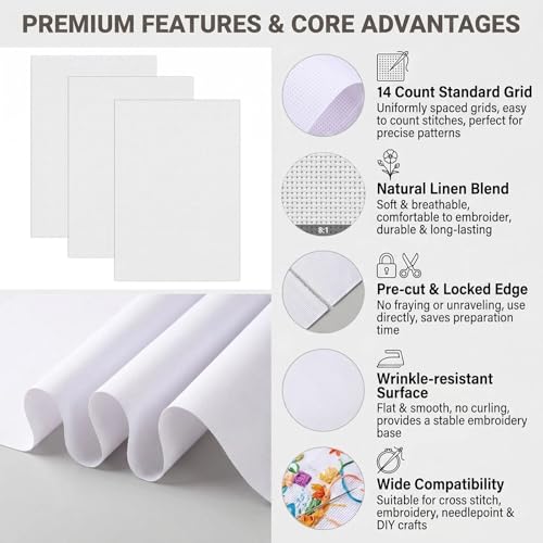3PCS Cross Stitch Aida Fabric 14 Count, 18x12 Inch White Embroidery Cloth, Blank Needlepoint Canvas for DIY Cross Stitch Crafts