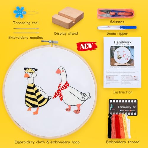 Embroidery Kit for Adult Beginners, Bee Goose Embroidery Kit with Step-by-Step Instructions and Video,Printed Cloth,7.87" Hoop, Display Stand,Color Threads,Threader & Needles for Craft Lover(BED003) - color: Yellow and black bee goose + white goose