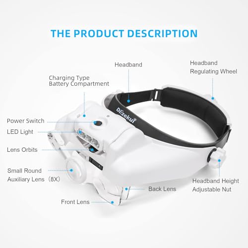 Dilzekui Magnifying Glass with Light 1X-14X, Rechargeable Headset Magnifier - color: White