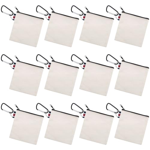 Muka 12 Pack Coin Purse with Carabiner Cotton Canvas Pouch 4-1/4 x 4-1/4 Inches-Natural/Black - color: Natural / Black