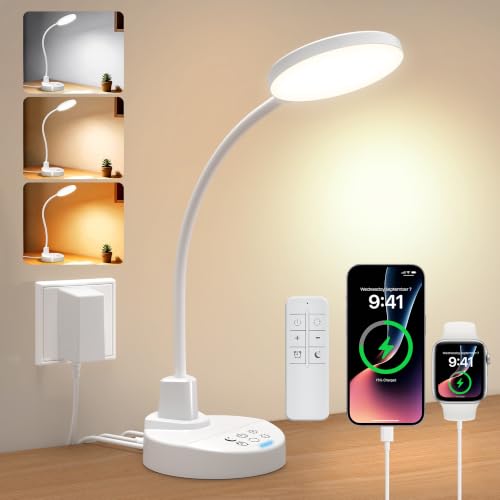 15W LED Desk Lamp with USB Charging Ports, [Button & Remote Control] Dimmable Table Lamp with 3 Color Modes, 5 Brightness Levels, 4 Timers, Flexible Reading Light for Home Office, Bedroom, Kids Study - color: White, size: 4.7'' Lamp with Remote